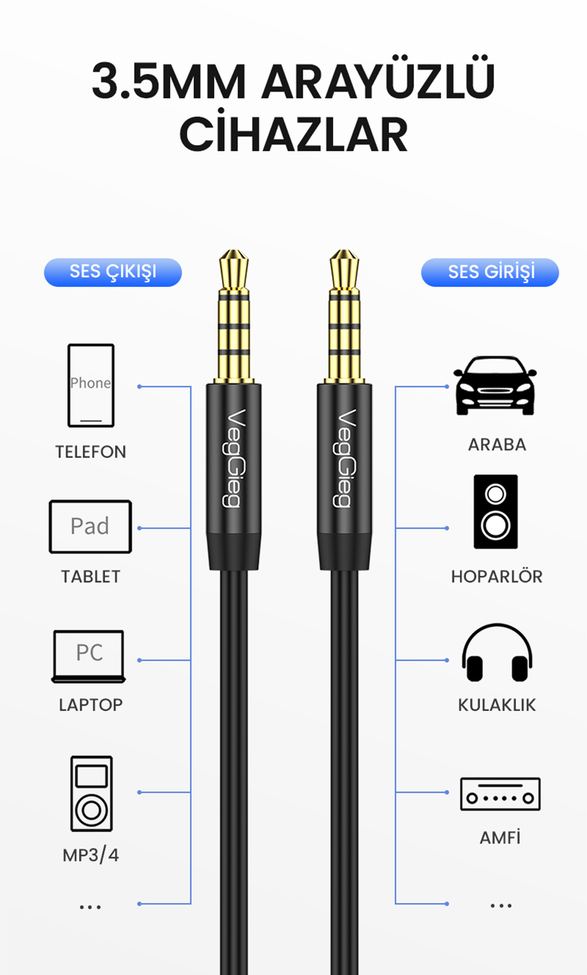VegGieg 3.5mm Jack TRRS Mikrofon ve Ses Kablosu 3 Metre Fiyatı