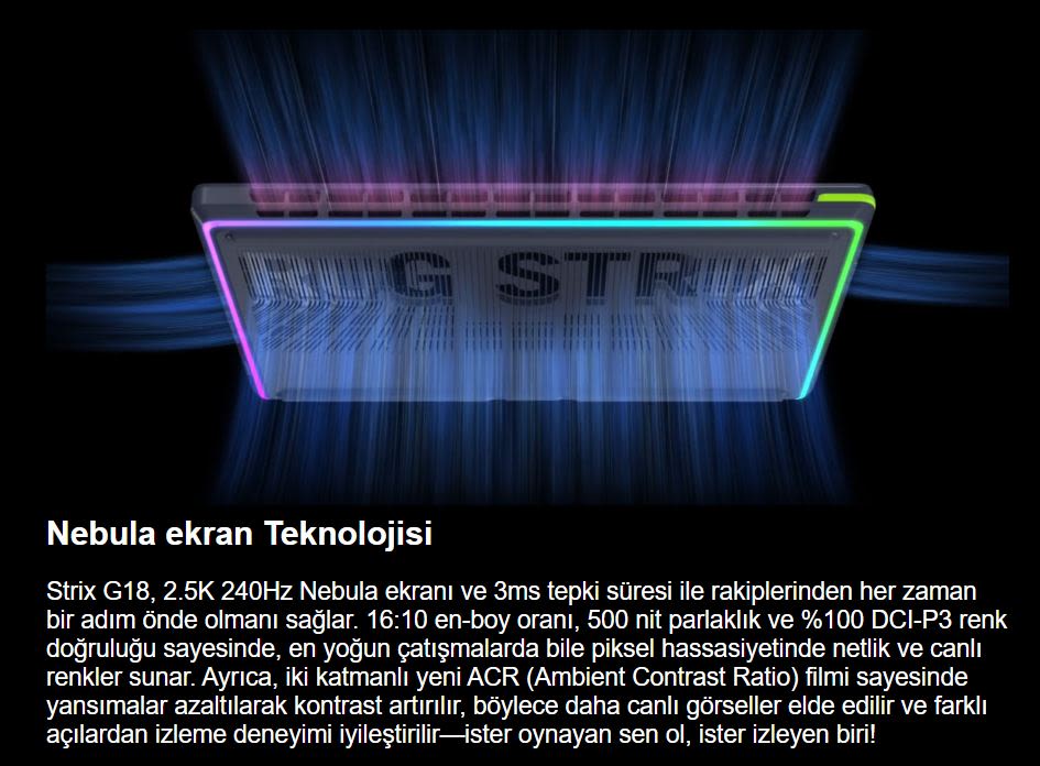 Siyah arka plan üzerinde, üst kısmında yeşil ve pembe şeritler bulunan gri bir ekran görülüyor. Ekranda 
