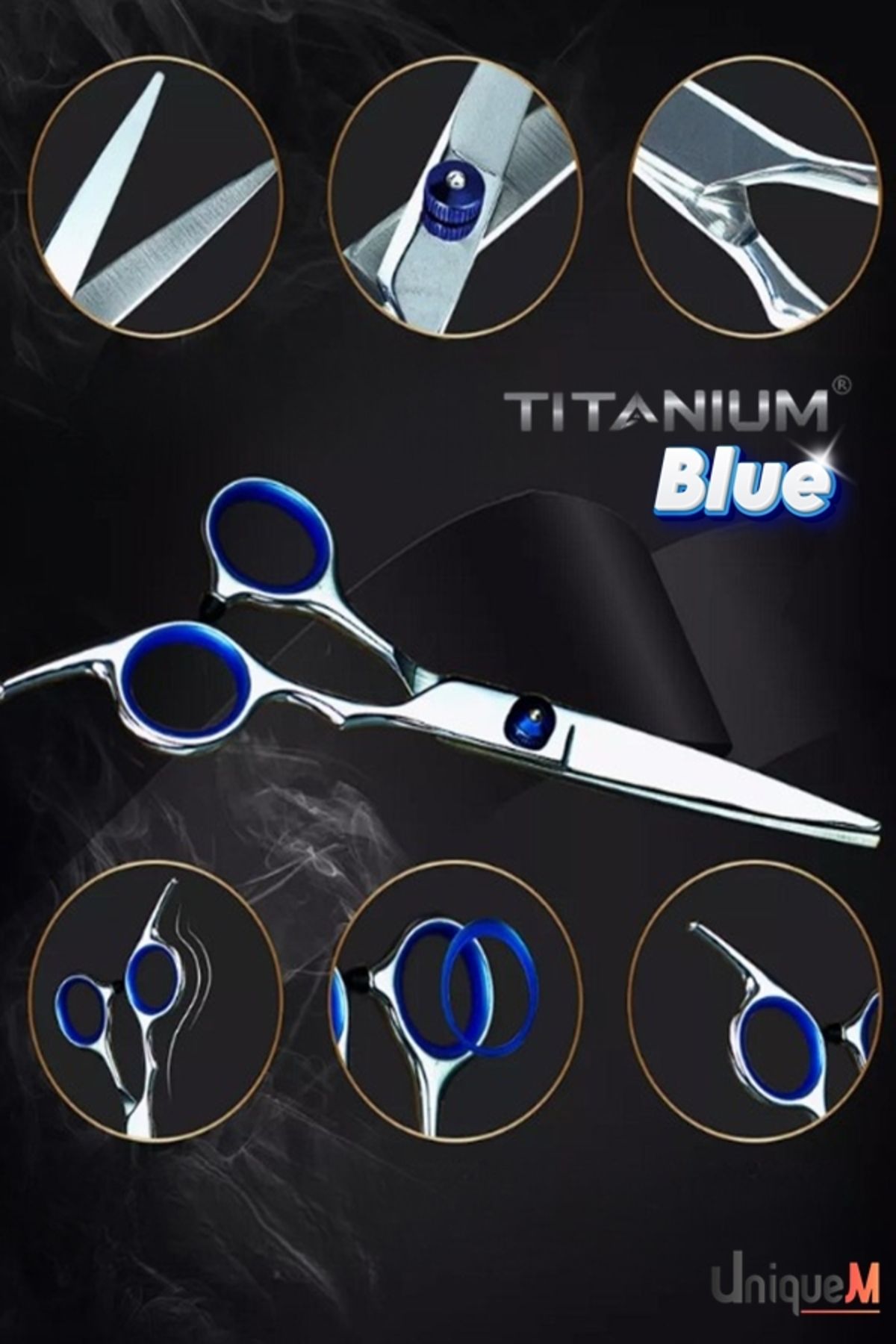 Uniquem Titanium Blue Düz Uçlu 6.5 inç Saç Kesim Makası UQ515A