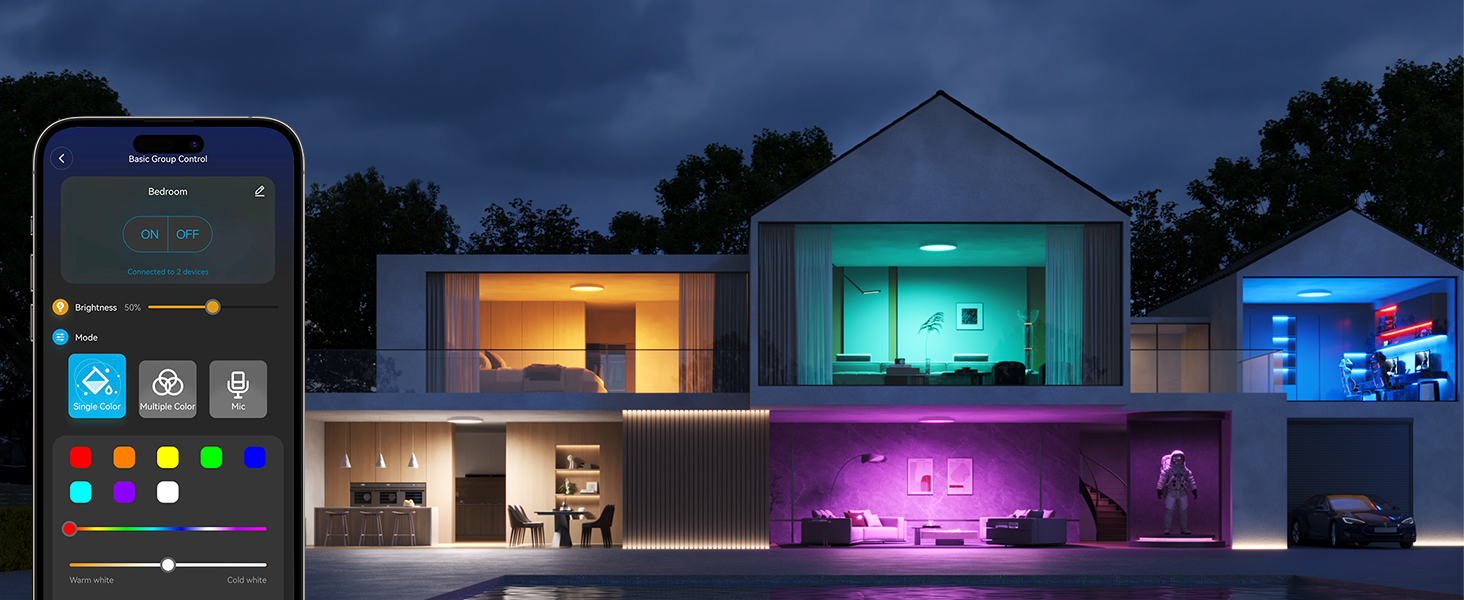 smart home control interface on smartphone, showcasing various room lighting scenes. depicts a house cross-section with differently lit rooms in warm and cool tones.