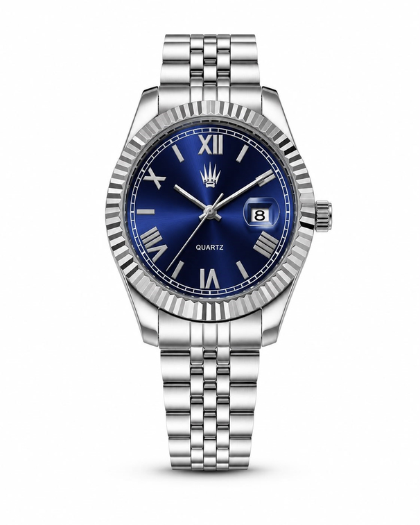 Calvior Silver Blue saatin önden kasa ve çelik kordon görünümü