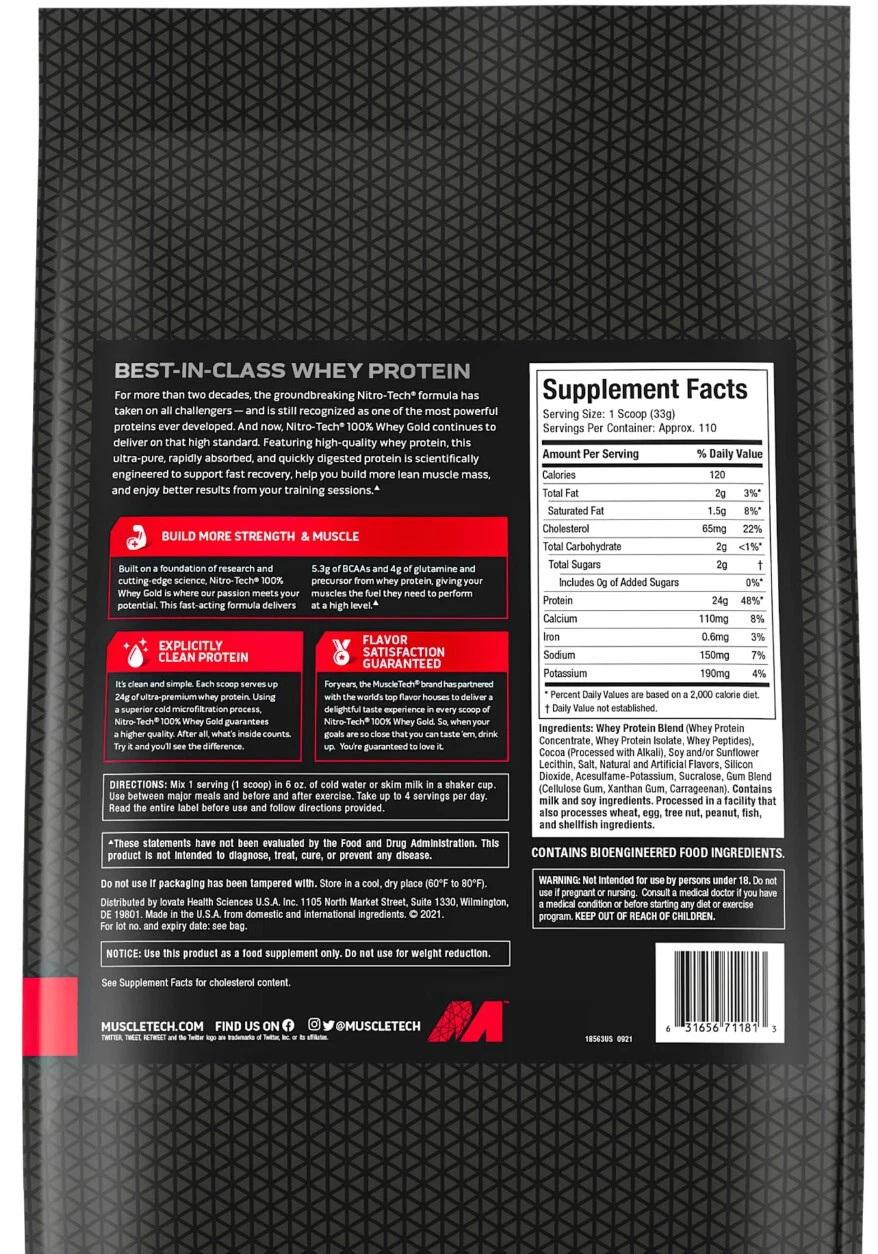 Muscletech Nitro Tech 100% Whey Gold Whey Protein Double Rich Chocolate 8 lbs container with black lid and supplement facts panel.
