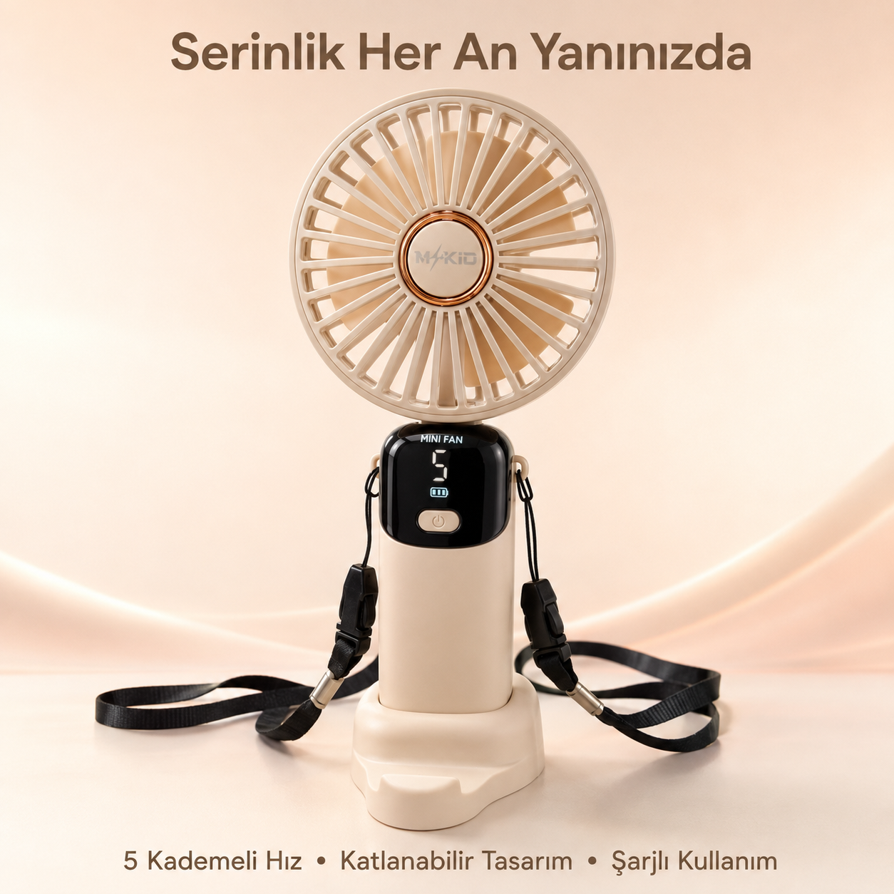 MKİO bej 5 kademeli dijital göstergeli katlanabilir el vantilatörü