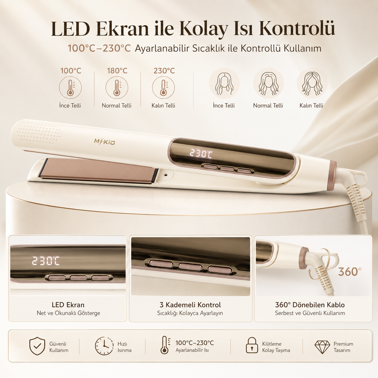 MKIO LED ekranlı saç düzleştirici 100°C 230°C ayarlanabilir sıcaklık