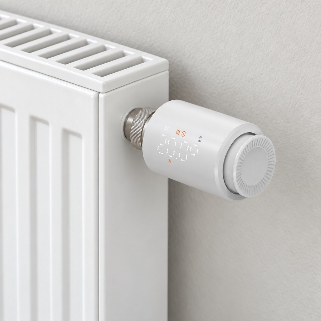 Panel radyatörün üst köşesindeki vanaya takılmış Zigbee termostatik radyatör vanası TRV-02, yakın plan
