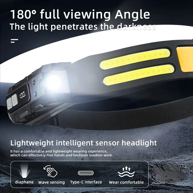 Ultra-Bright LED+COB Headlamp with Wave Sensor for Switch - Rechargeable, Adjustable Beam, Matte Finish for Outdoor Adventures, Rechargeable Headlamp details 3