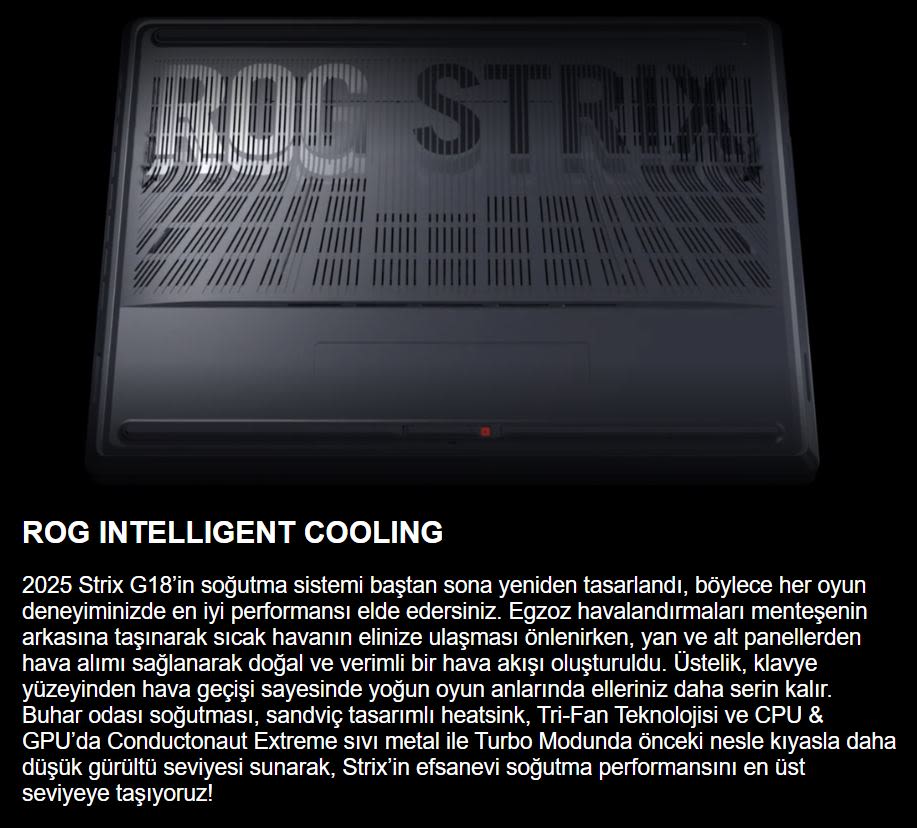 Siyah bir dizüstü bilgisayarın üst kısmı, ROG STRIX yazısı ve havalandırma ızgaraları gösteriliyor.