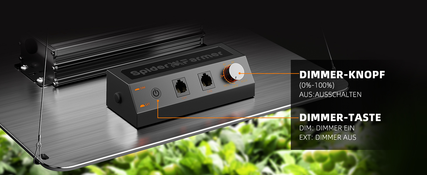 Üç siyah ve bir turuncu düğmeli paslanmaz çelikten yapılmış bir dış mekan ızgarasının kontrol paneli. Almanca etiketler, dimmer işlevlerini gösterir.