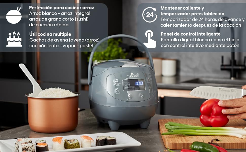 İçindeki malzemelerle çevrili bir gösterge paneliyle birlikte gelir. Çoklu pişirme fonksiyonları, 24 saatlik zamanlayıcı ve çeşitli yemekler için akıllı kontrol paneli bulunur.