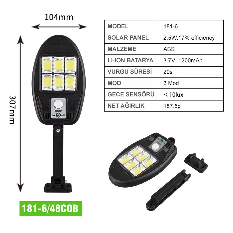 Powermaster CL-181-6 48 Cob Ledli 3 Modlu Sensörlü Solar Sokak Duvar Lambası İçerik