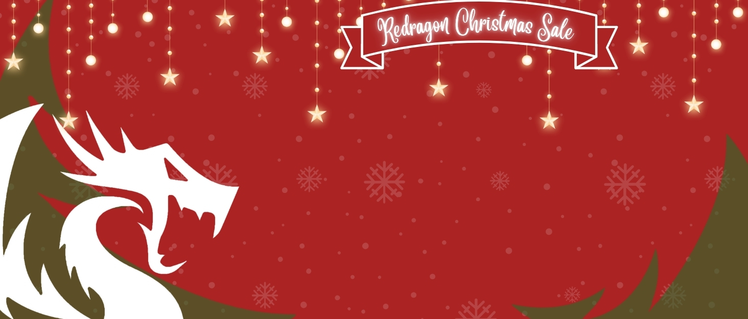 Kar taneleri ve ışık zincirleri ile şatafatlı kırmızı arka plan. Beyaz bayrak üzerinde "Redragons Christmas Sale" yazıyor. Kısmen sol alt köşede beyaz ejderha logosu görülebilir