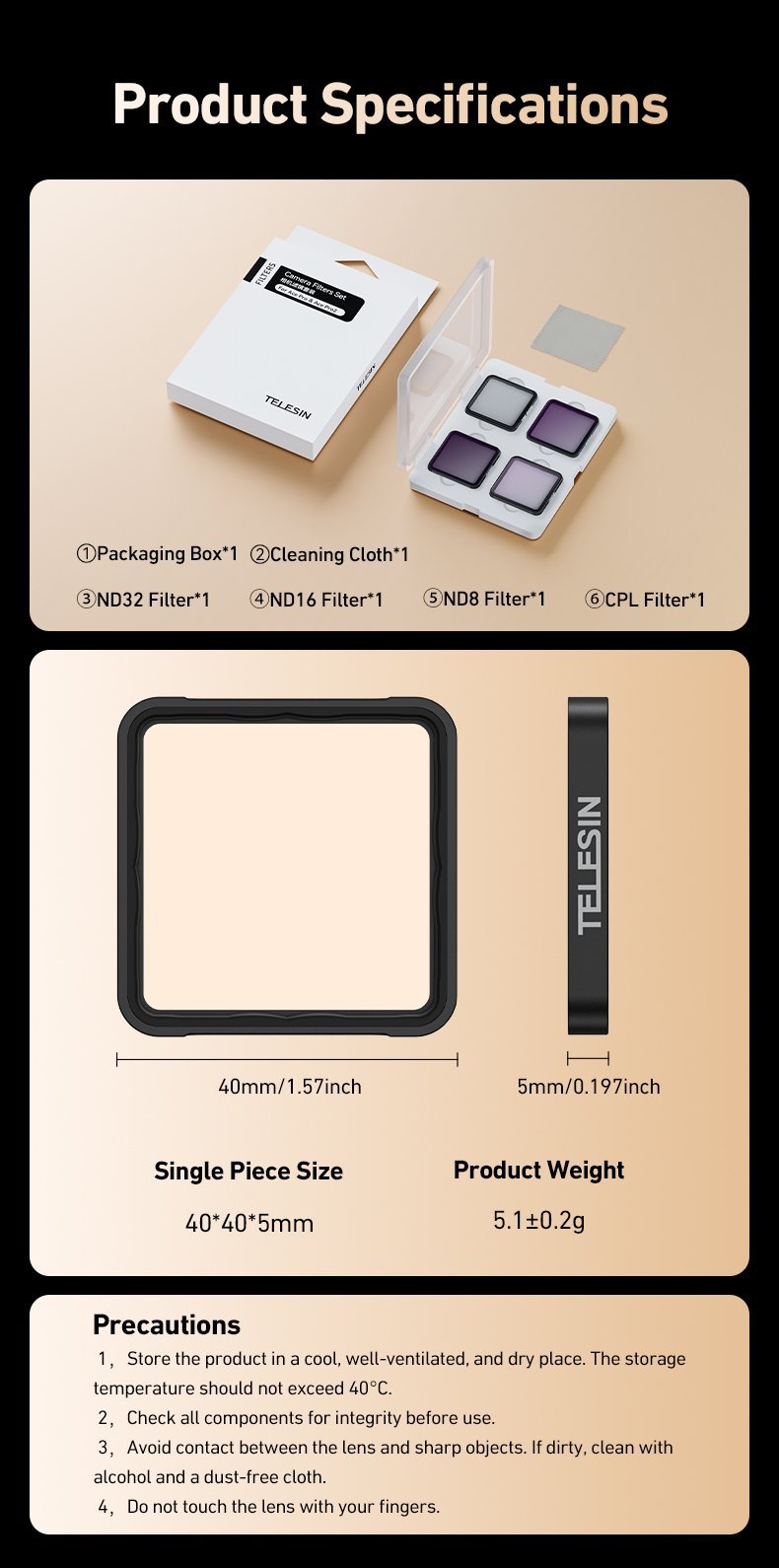 TELESIN Ace Pro & Ace Pro 2 ND Filtre Seti kutu içeriği