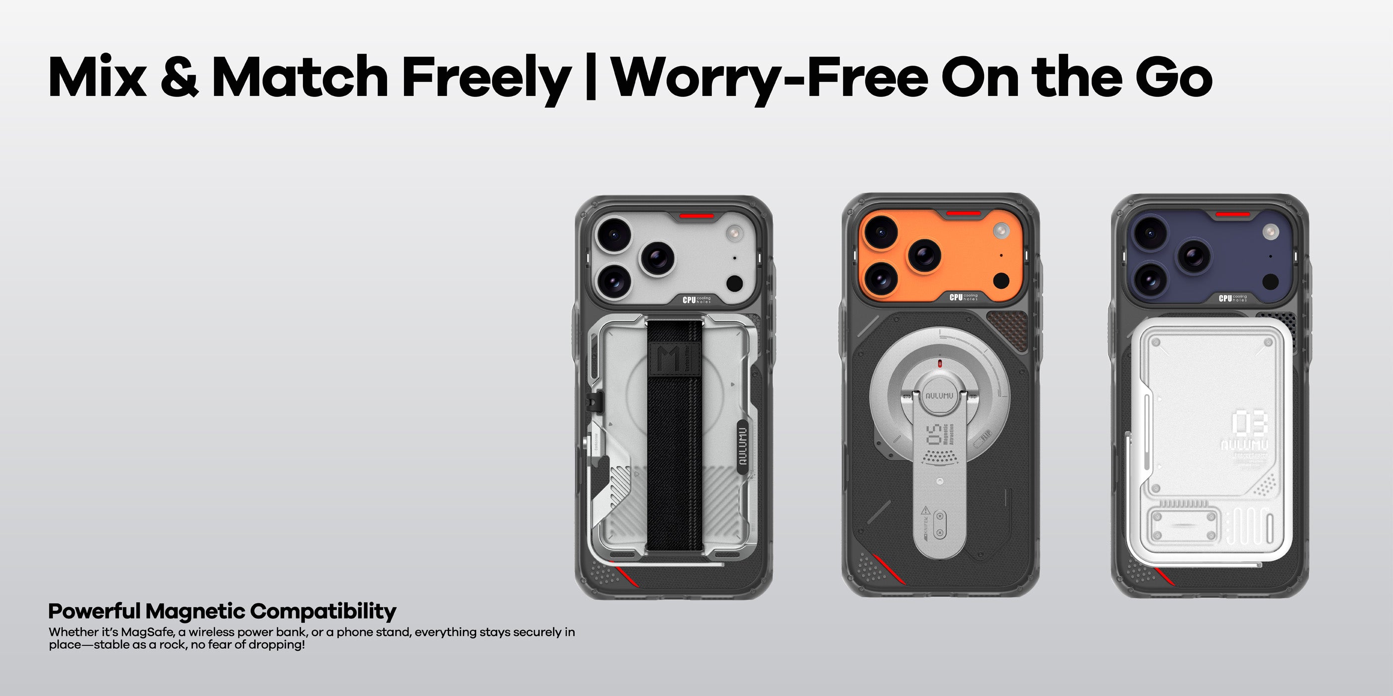 Three iPhone 17 Pro / Pro Max with AULUMU A17 rugged outdoor cases matched with MagSafe strap, ring stand and metal wallet under Mix & Match Freely headline