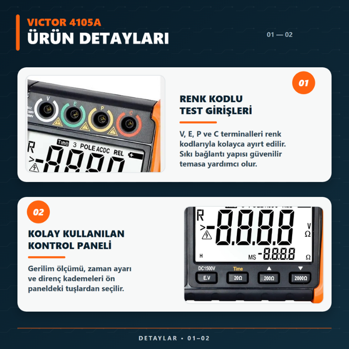 Victor 4105A renk kodlu test girişleri ve kontrol paneli