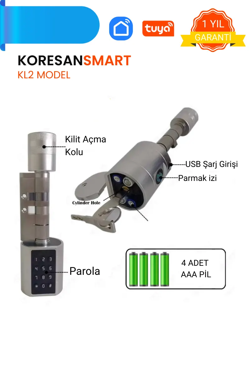 KL2 Model Parmak Izi, Şifreli ve Tuya Uygulamalı Akıllı Kapı Kilidi teknik detayları