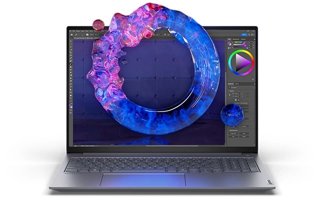 Lenovo ThinkBook 16 Gen 7 (16 inç AMD) dizüstü bilgisayarın önden görünümü, ekranda dijital bir yazılım açılmış, mavi ve pembe tonlarında dairesel bir akışkan tasarım göstererek dinamik ekran grafiklerine odaklanıyor.