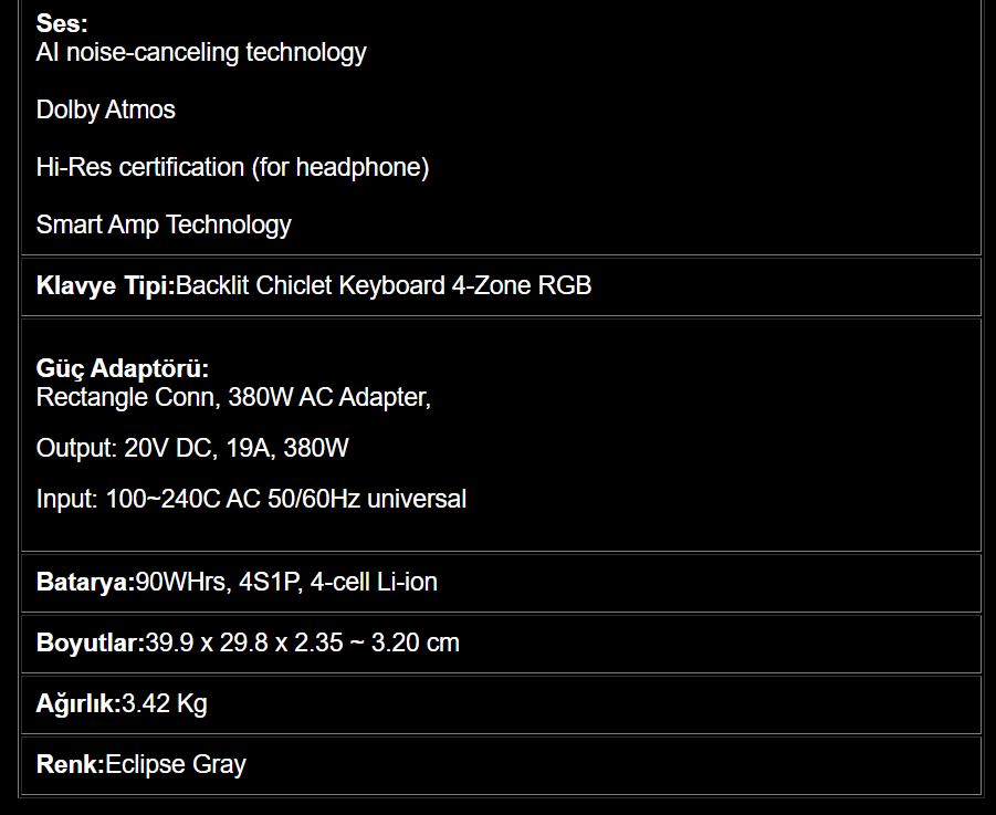 Siyah arka plan üzerinde beyaz metinle teknik özellikler listesi. Ses, klavye, güç, batarya, boyut, ağırlık ve renk detayları.