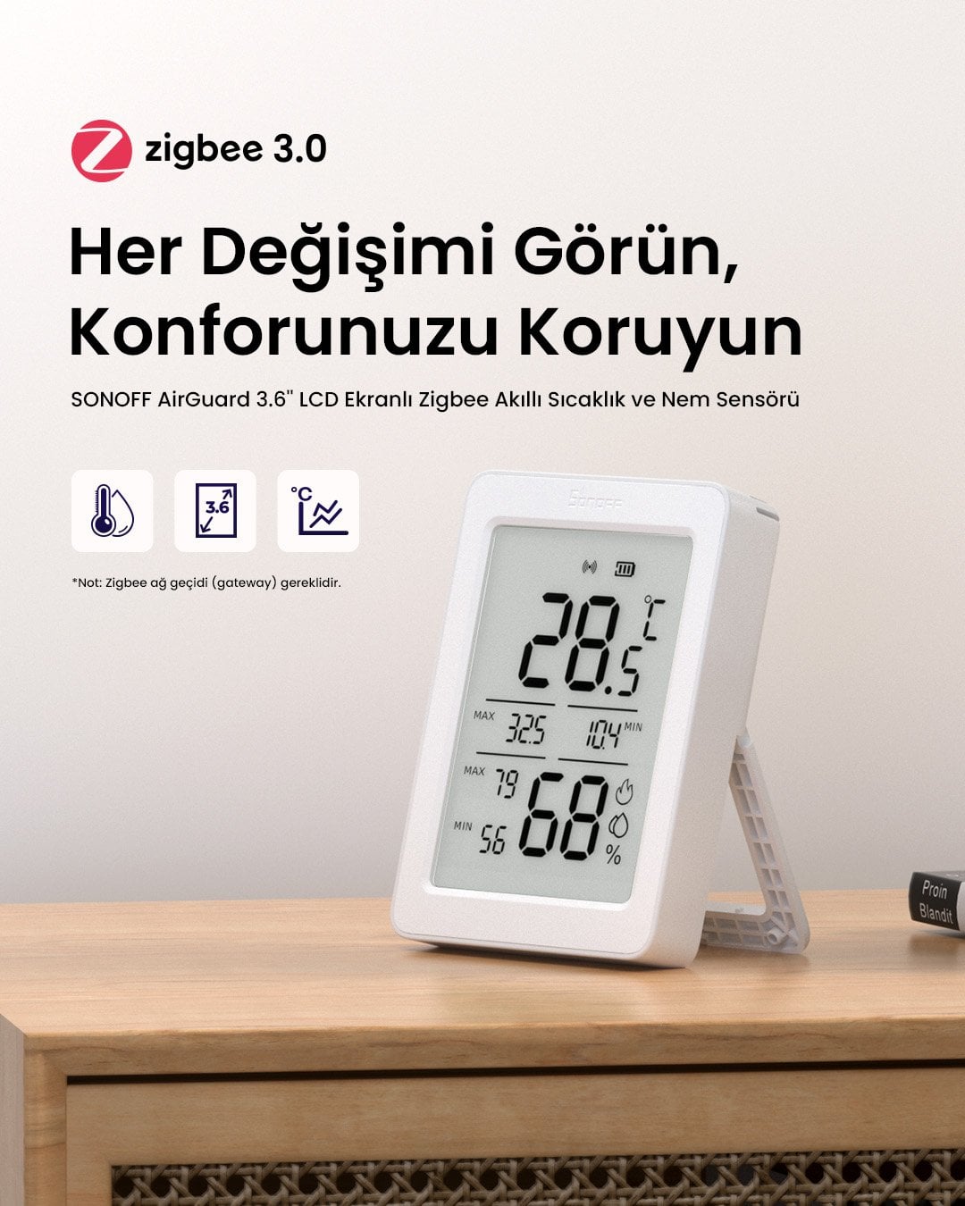 SONOFF AirGuard LCD Ekranlı Zigbee Akıllı Sıcaklık ve Nem Sensörü | SNZB-02DR2