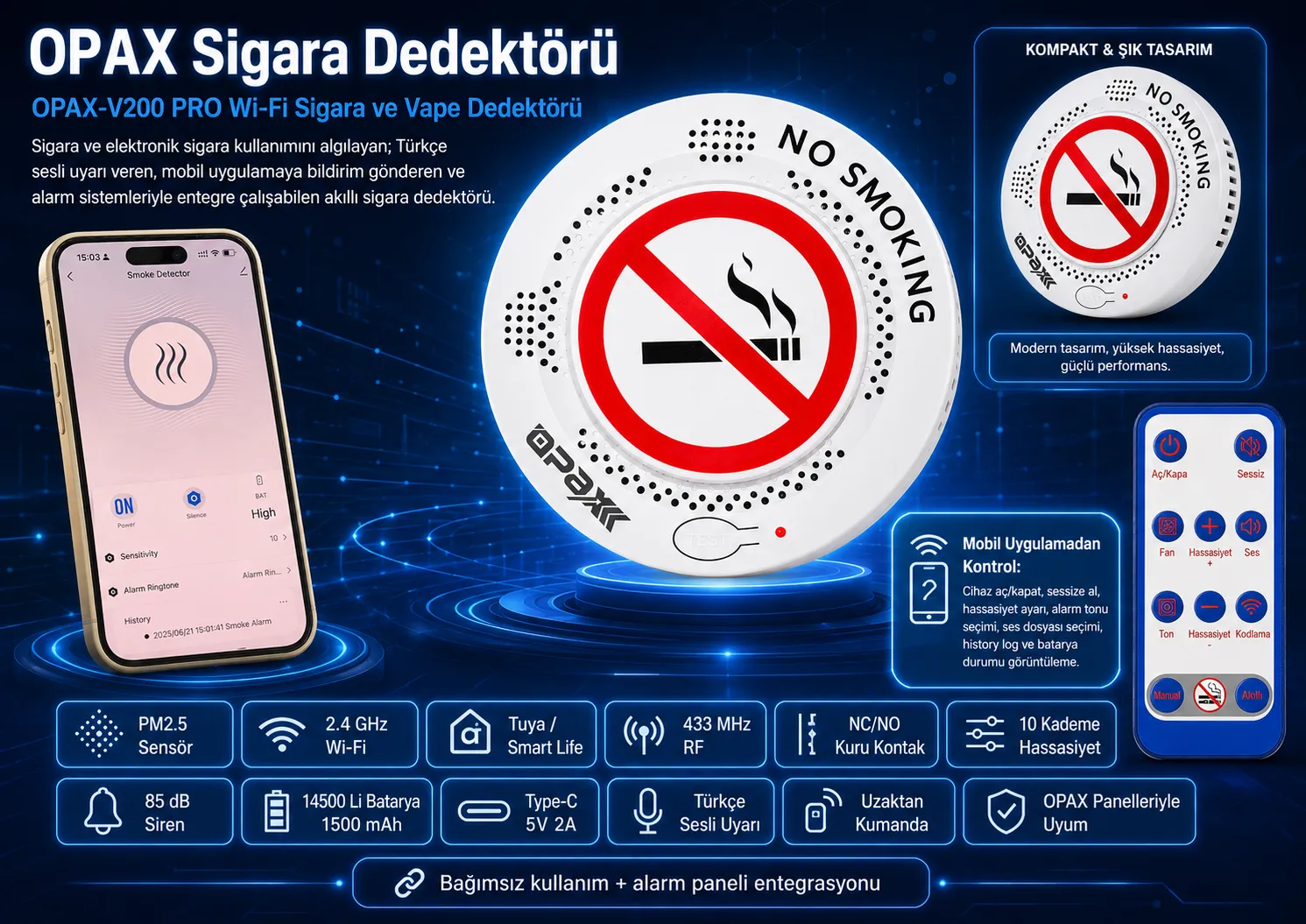 OPAX V200 PRO WiFi sigara ve vape dedektörü genel özellikleri
