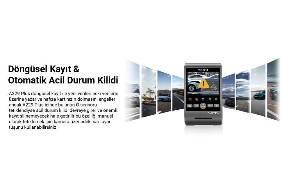 Viofo araç kamerası, döngüsel kayıt, darbe sensörü, A229 Plus, araç