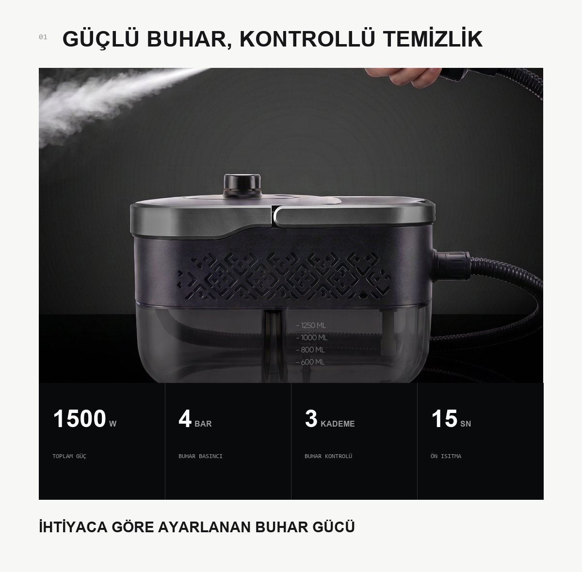 1500 W 4 bar ve 3 kademeli buhar performansı