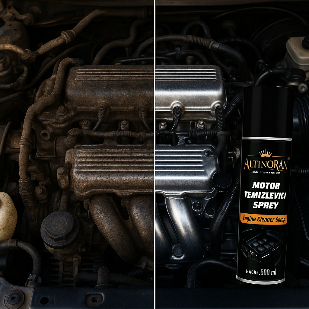 Altınoran Susuz Motor Temizleyici ile kirli motorun temizlenmiş ve parlak hale gelmesi (Öncesi/Sonrası)