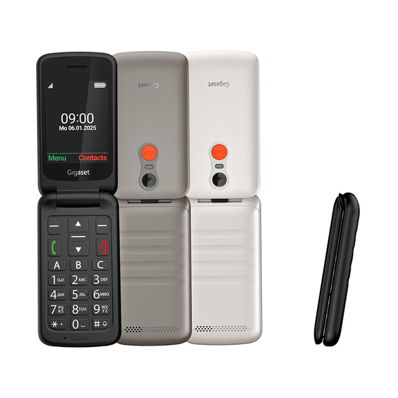 Gigaset GL595 siyah kapaklı telefon – geniş renkli ekran, ışıklı tuşlar ve kolay kullanım için SOS fonksiyonu.