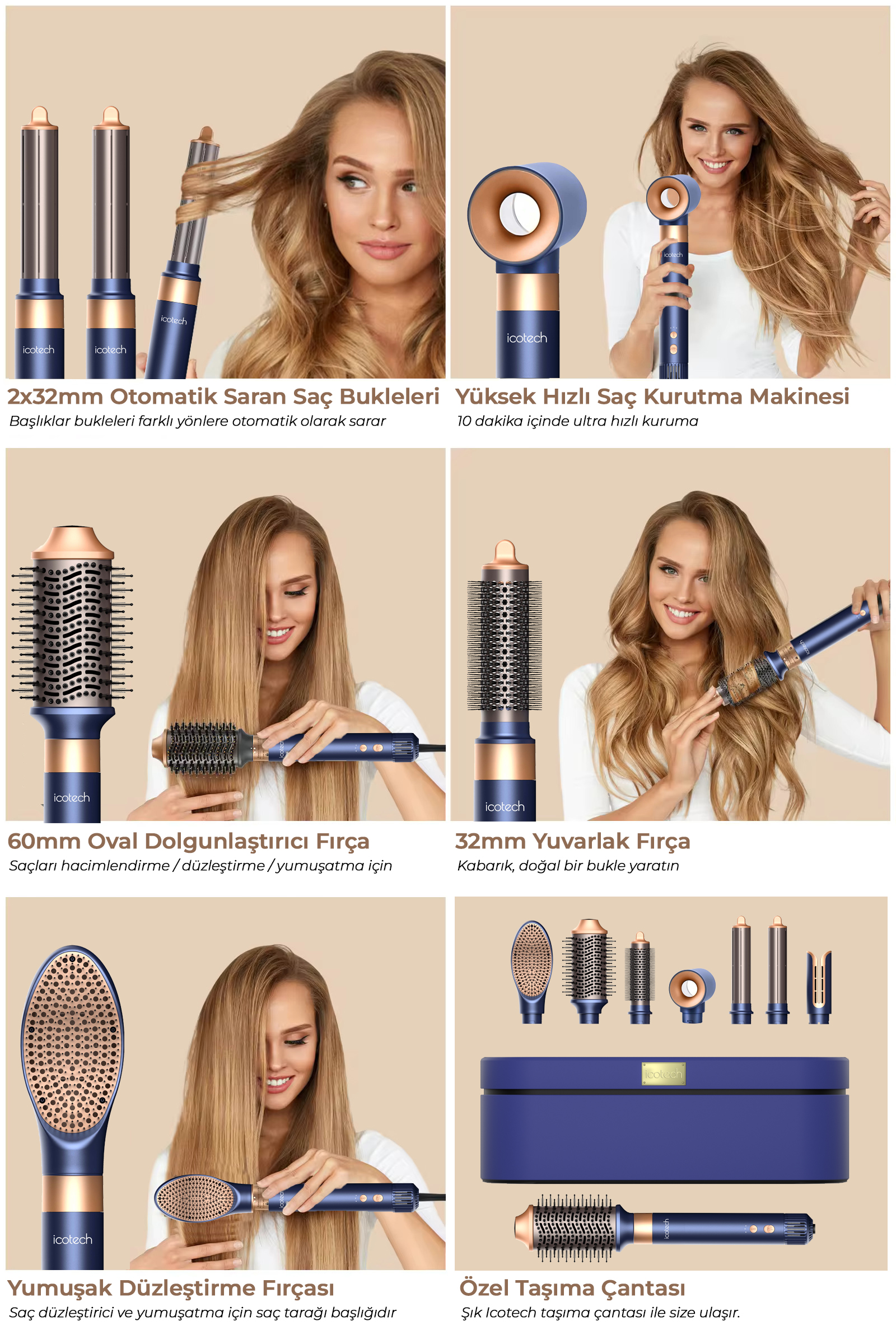 Icotech HS60 7 in 1 Airwrap Multi Styler Saç Şekillendirici (Mavi)