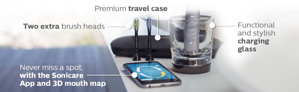 iki ekstra fırça başlığı premium seyahat çantası şarj camı sonicare uygulaması