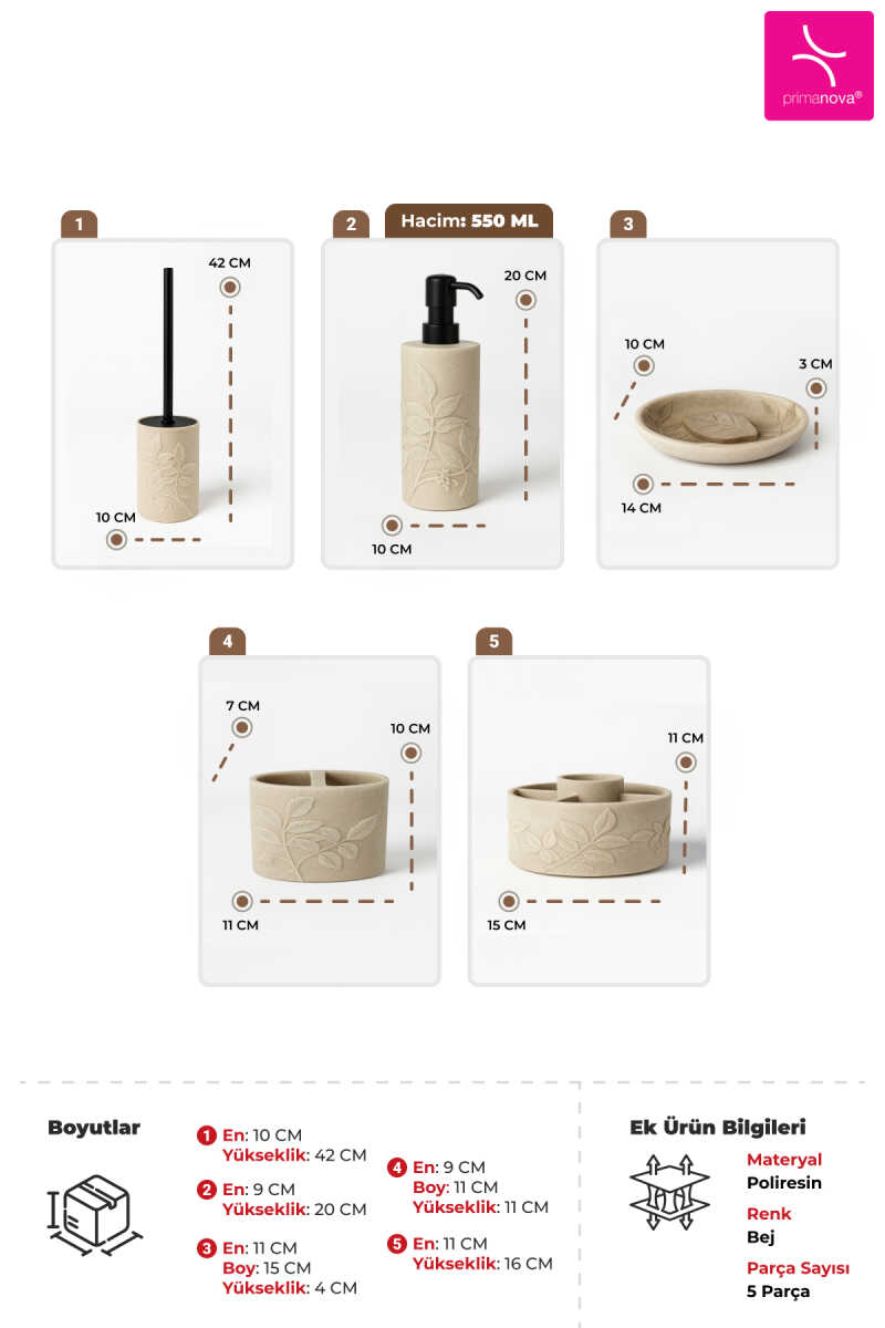 Leaf Banyo Seti 5 Parça - Bej - 3