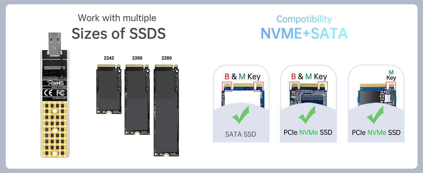 M Key ve B+M Key için ACASIS NVME/SATA M.2 - USB 3.1 Gen 2 SSD Okuyucu
