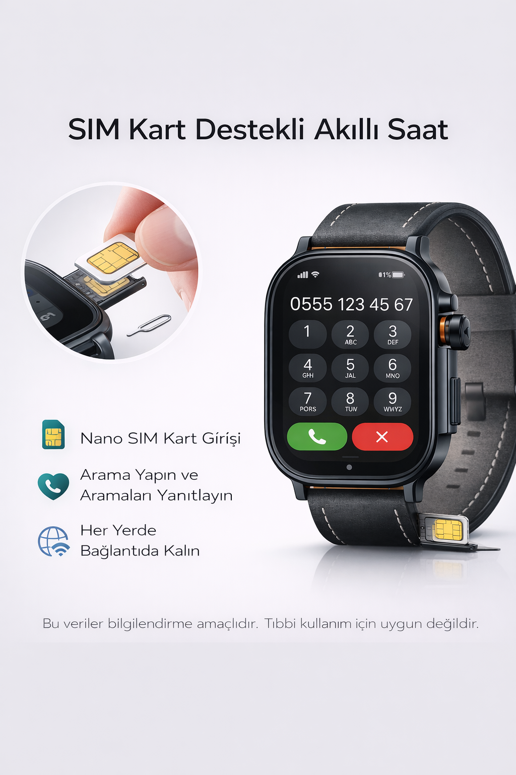 Nano sim kart destekli akıllı saat arama yapma arama yanıtlama