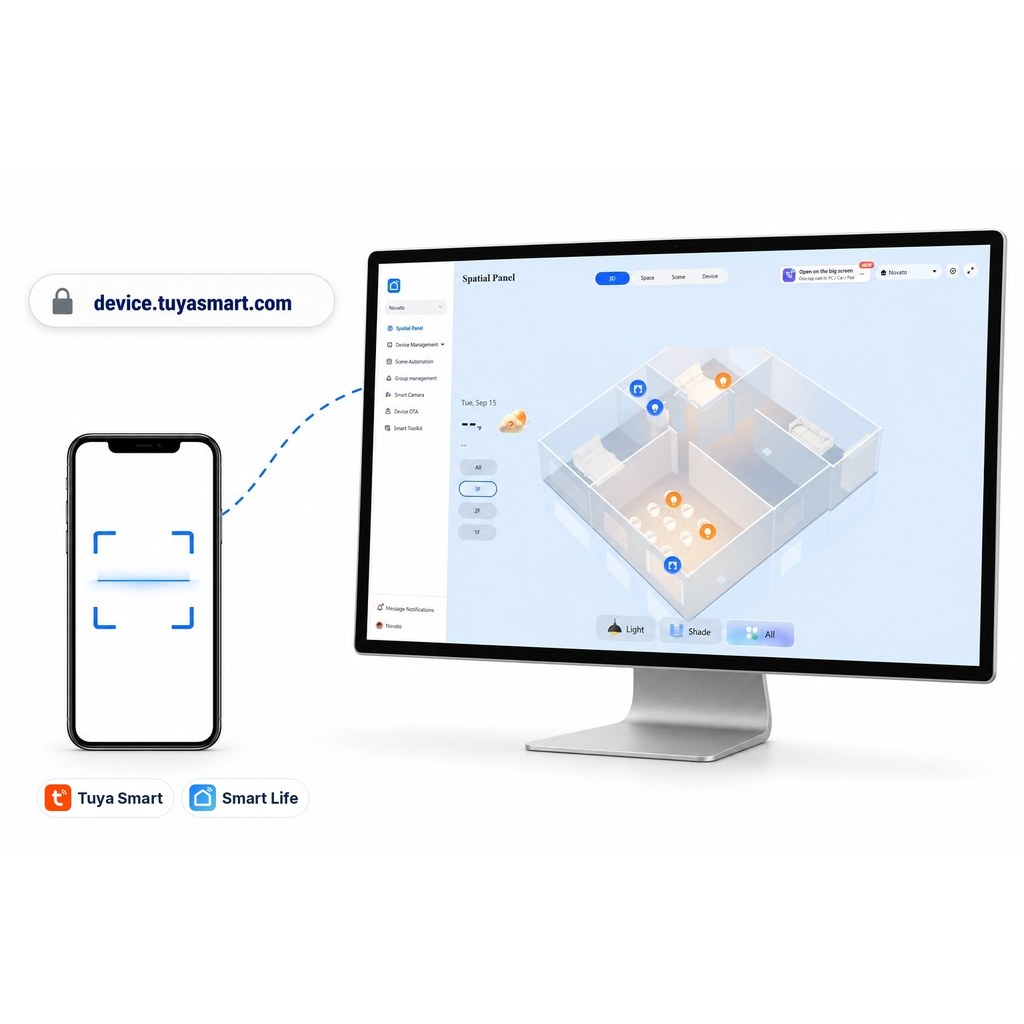 Tuya Smart Life web panelinde evin 3B görünümü, telefondan QR ile oturum açma ve device.tuyasmart.com adresi