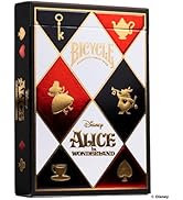 Metin "BİSİKLE" ve "Disney ALICE AU HARİKA DÖLKESİ" yazıyor. Altın desenli ve Alice Harikalar Diyarında temalı motiflerle siyah beyaz elmas desenli, oyun kartı kutusu