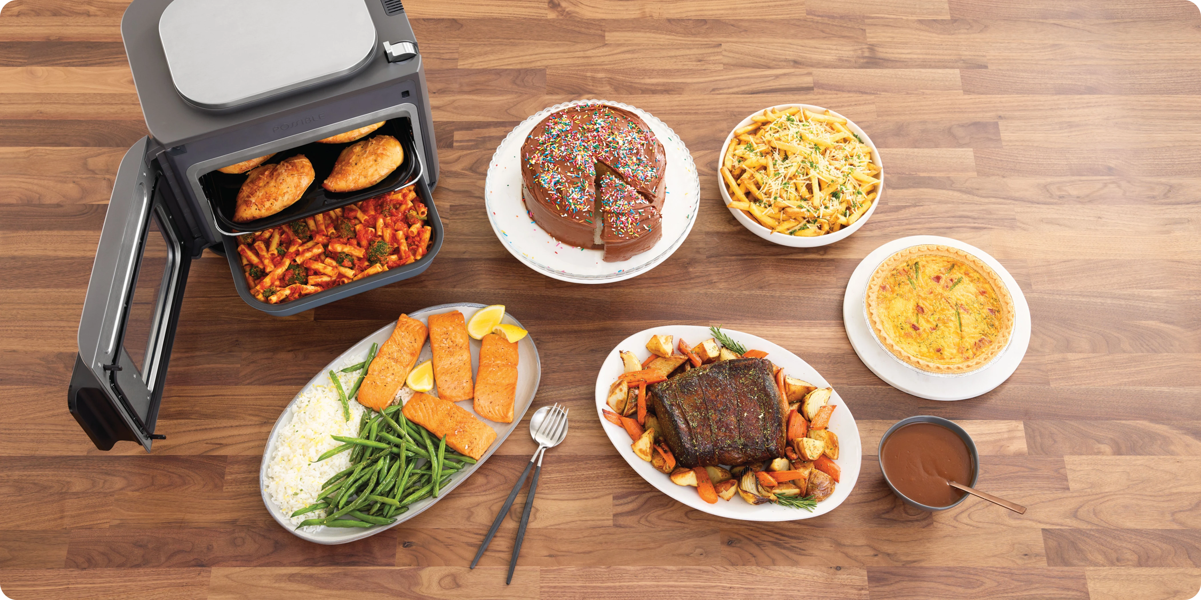 Vacuum cleaner being used in a modern living room, with a dog sitting on the carpet