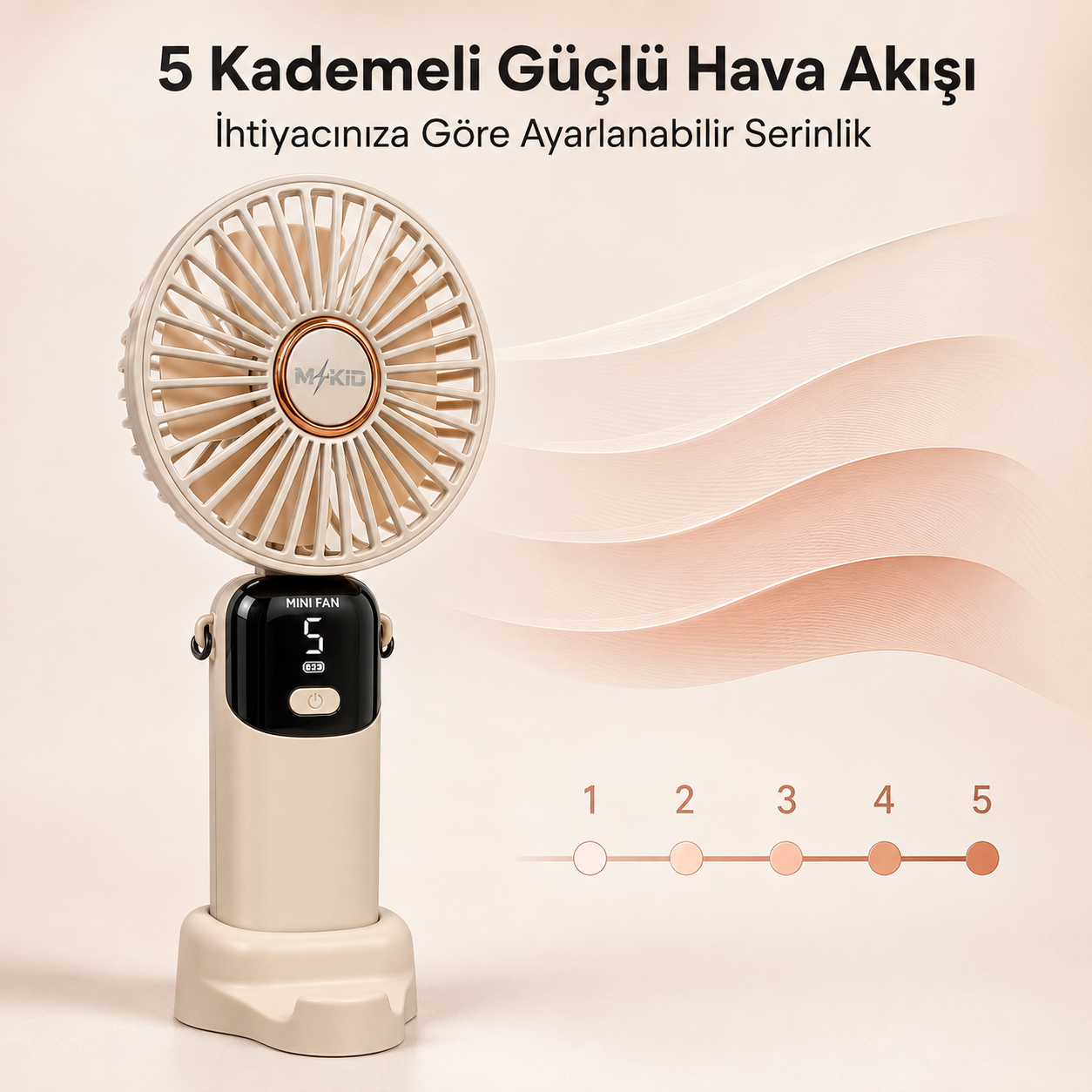 MKİO bej el fanı 5 kademeli ayarlanabilir güçlü hava akışı