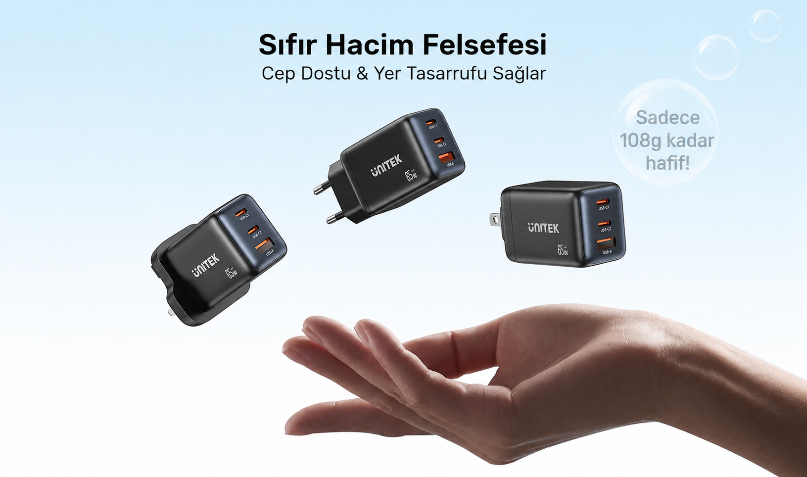 Unitek Zeno 65W 3 Portlu GaN Şarj Cihazı