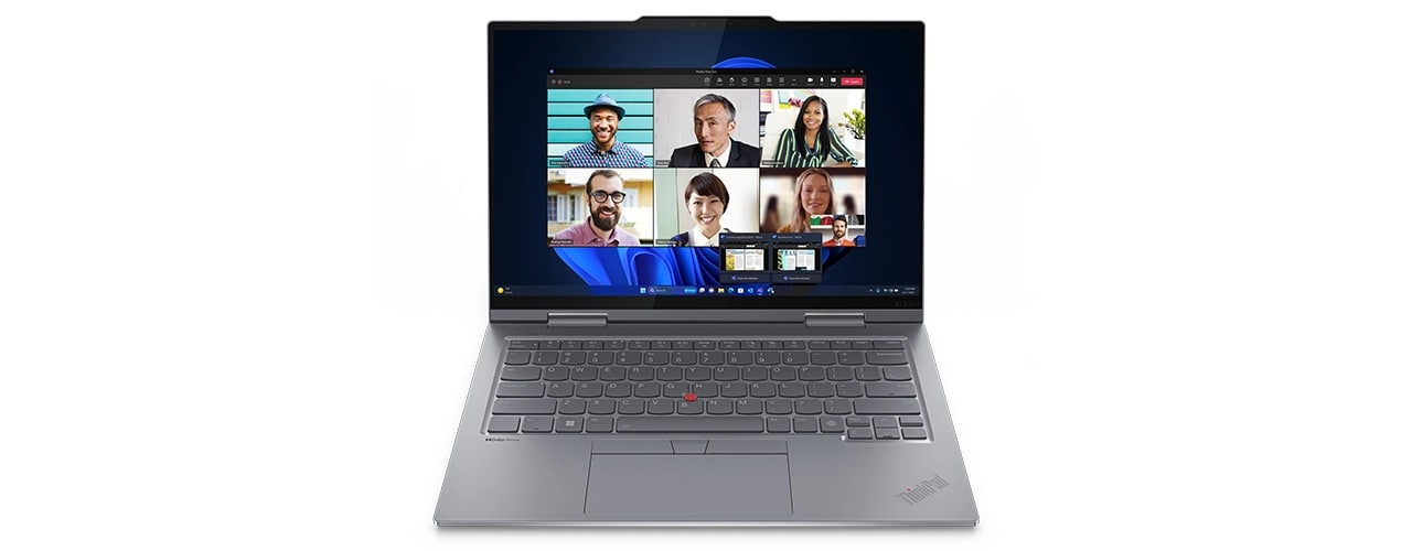 Kapağı 90 derece açık Lenovo ThinkPad X1 2'si 1 arada 9. Nesil dönüştürülebilir dizüstü bilgisayarın üstten görünümü, ekranda bir video konferans görülüyor.