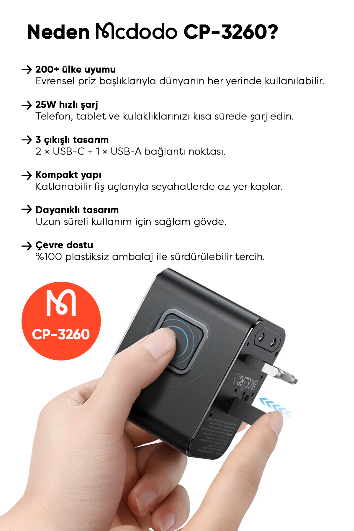 CP-3260 25W Evrensel Seyahat Adaptör Type-C To Type-C kablo dahili Afişi