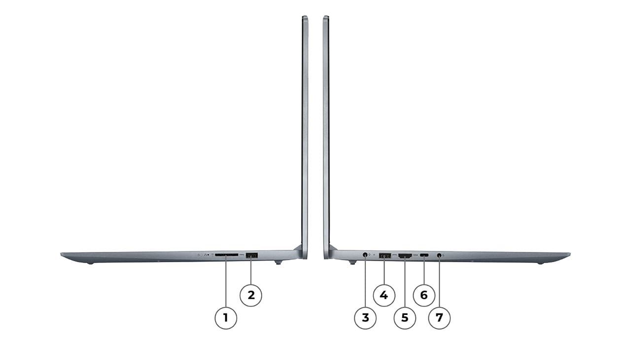 Lenovo IdeaPad Slim 3i Gen 9 Artic Grey 16 inç dizüstü bilgisayarın sağ ve sol yan görünümünü gösteren resim. Sağ yan görünüm 1'den 2'ye kadar olan bağlantı noktalarını ve sol yan görünüm 3'ten 7'ye kadar olan bağlantı noktalarını etiketler.