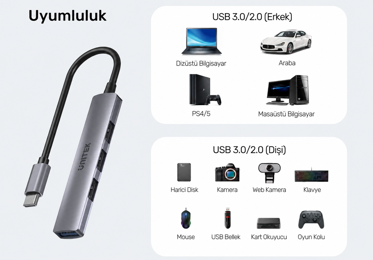 Unitek Type-C to 4 Port 1XUSB 3.0 - 3XUSB 2.0 Çoklayıcı (H1208B)