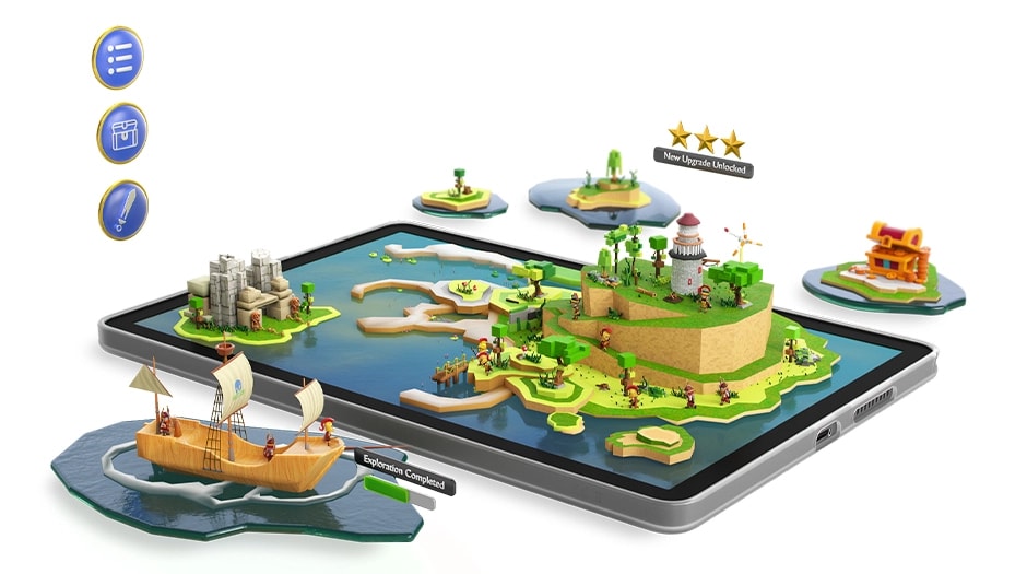 Lenovo Tab, adalar, yelkenli gemi, deniz feneri ve ekranın ötesine uzanan oyun simgeleri içeren bir 3D strateji oyunu sergiliyor.