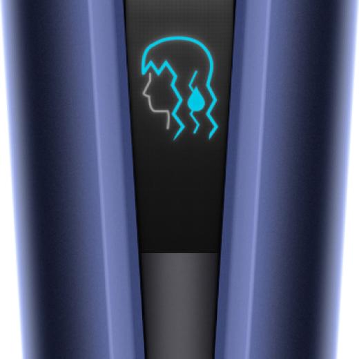 Dyson Airstrait'in ıslak mod simgesini gösteren LCD ekranının yakından görünümü.
