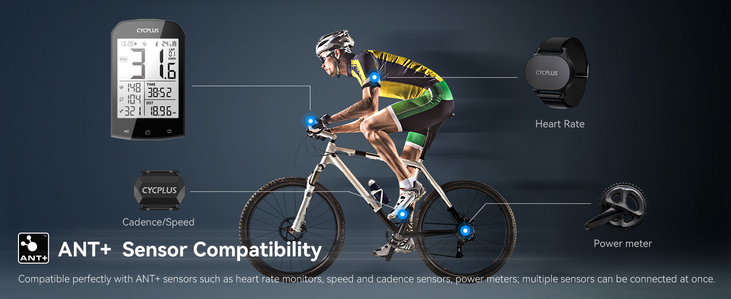 Cycling computer with ANT+ sensor compatibility, shown alongside a cyclist on a bike and a heart rate monitor. Device displays ride data on a clear screen.