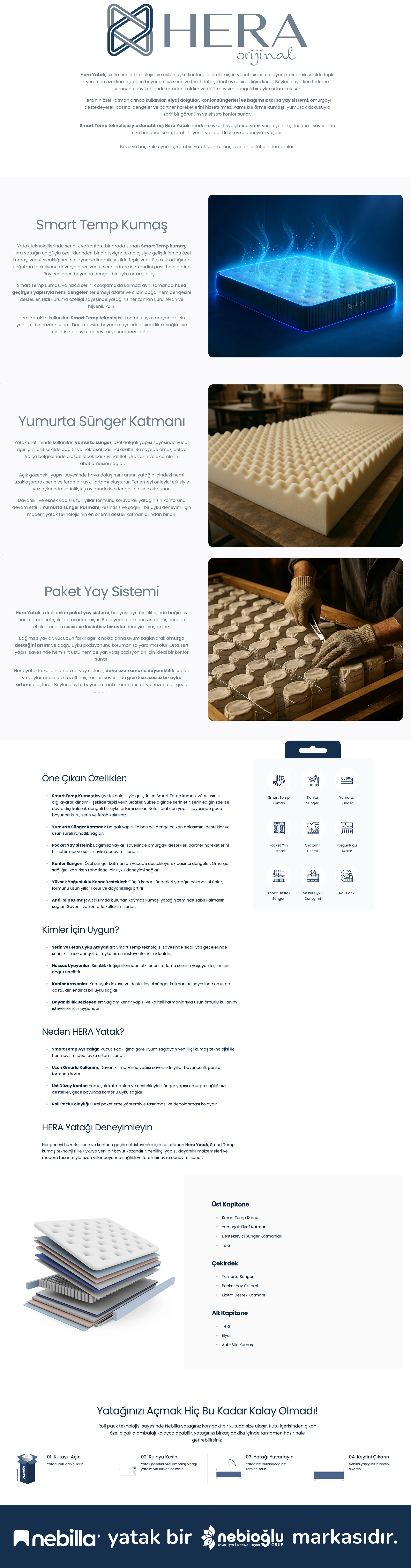 Nebilla Hera Yatak | Smart Temp Kumaş – Pocket Yay Sistemi – Orta Sert – Roll Pack