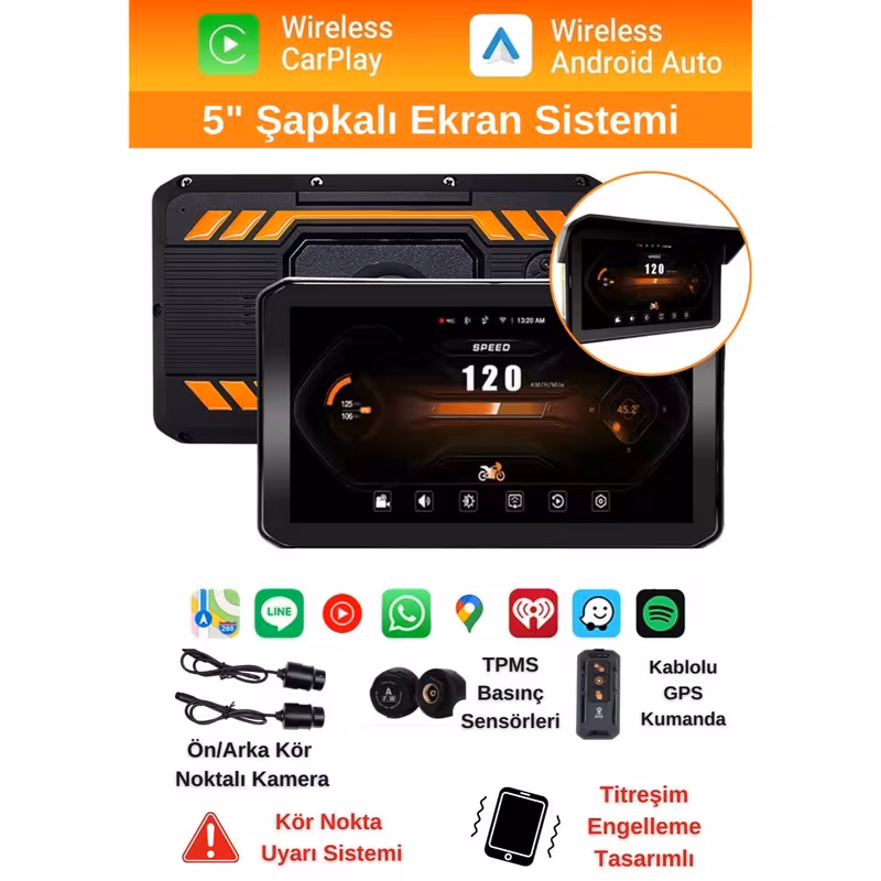 5 inch 2k ultra hd motosiklet multimedya seti – çift kamera + basınç sensörü + carplay/ auto Ürün detayları 1