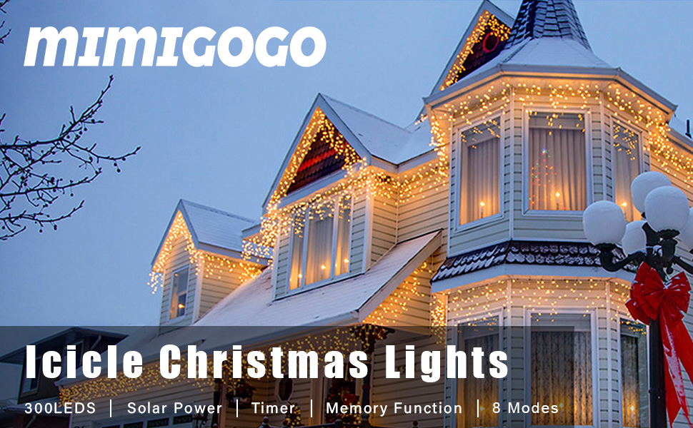 mimigogo 300 LED Solar Icicle Lights Outdoor with Remote Control ...