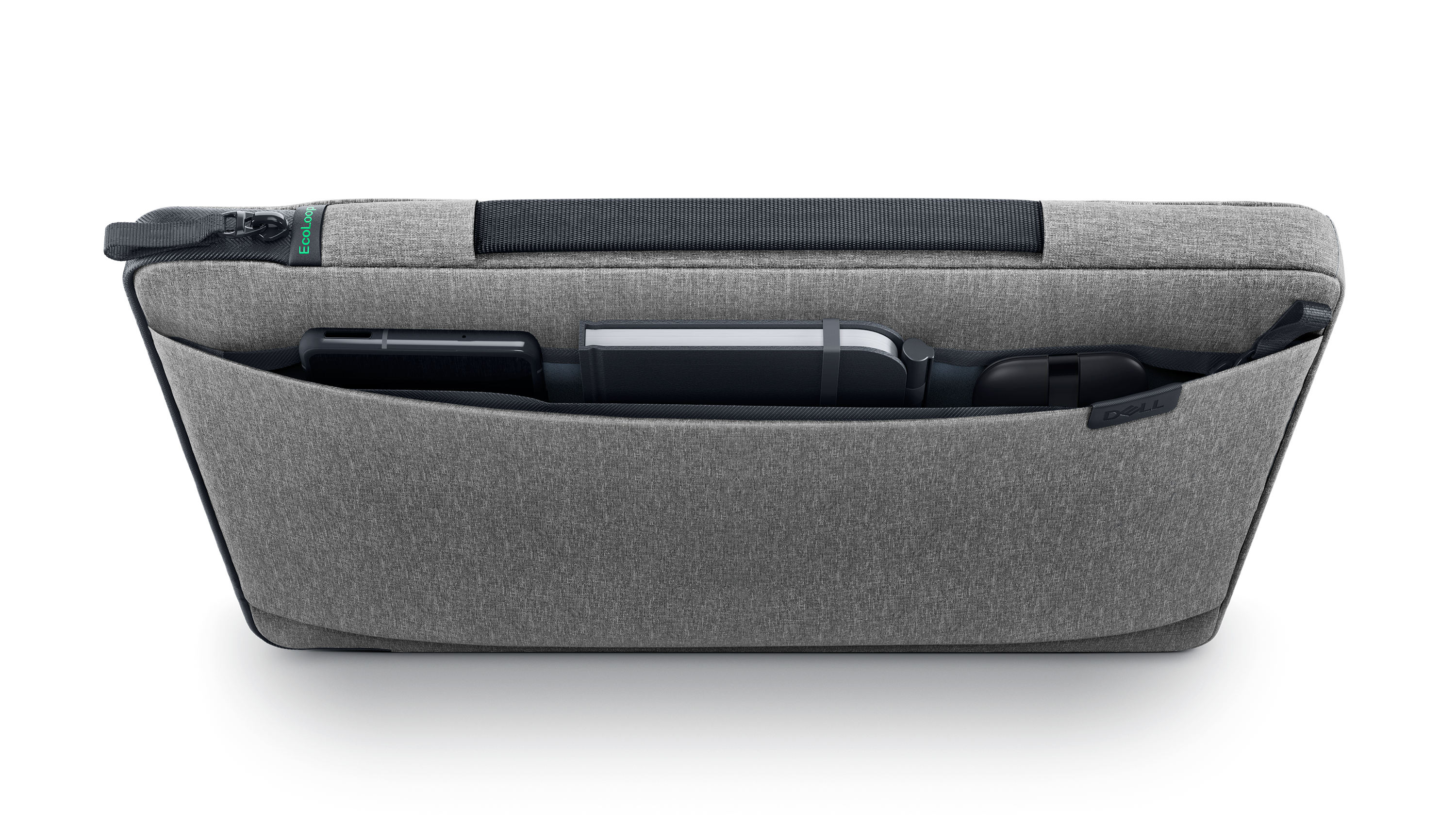 Dell Pro 11-14 EcoLoop Urban Sleeve, yan cebi açık ve içindeki aksesuarları gösteriyor