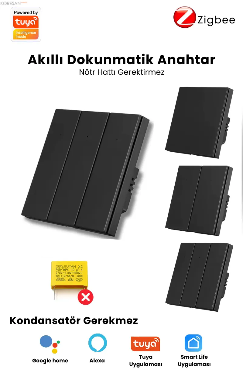 Tuya Zigbee Akıllı Duvar Anahtarı Siyah 1/2/3 Tuşlu Nötrlü ve Nötrsüz model seçenekleri