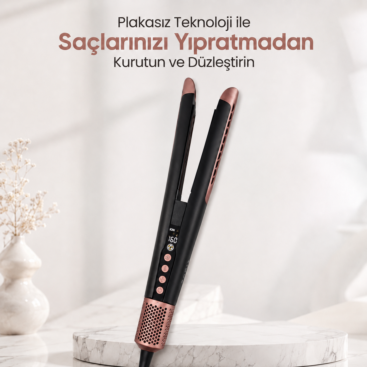 Plakasız hava üflemeli saç düzleştirici